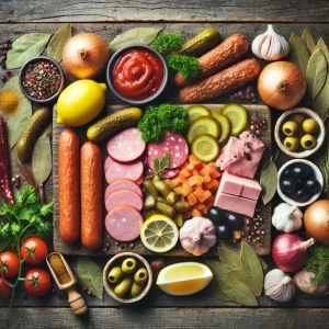 Ингредиенты для приготовления ароматной солянки: колбаса, мясо, огурцы, оливки, лимон, томатная паста и специи, красиво разложенные на кухонном столе.