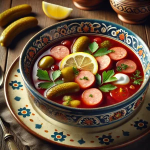 Аппетитная тарелка солянки с колбасой, лимоном, огурцами и зеленью