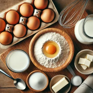 Ингредиенты – яйца, молоко, мука, сахар, масло на красивом фоне.