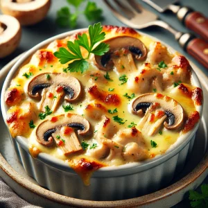 Жульен с курицей и грибами в кокотницах, покрытый золотисто-коричневой сырной корочкой