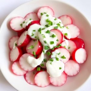 Салат с редисом и сметаной в тарелке, украшенный свежей зеленью