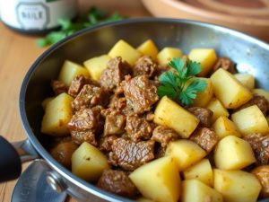 Изображение блюда — картошка с тушёнкой, для обложки статьи