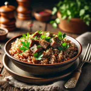 Гречка с тушёнкой, сервированная на столе