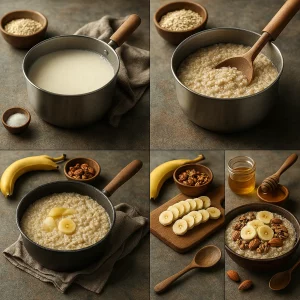 Пошаговое приготовление овсяной каши с молоком, бананом и орехами