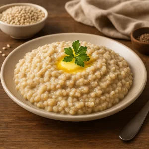 Ячневая каша в тарелке с маслом