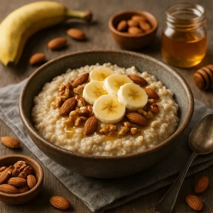 Финальная подача овсяной каши с бананом, орехами и мёдом