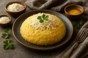 Финальная подача мамалыги с брынзой и маслом
