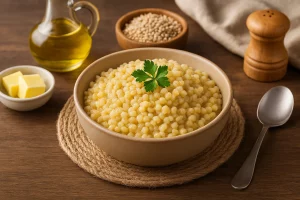 Готовая ячневая каша с маслом на столе