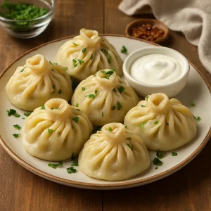 Домашние манты с мясной начинкой на тарелке
