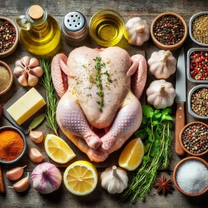 Ингредиенты для запечённой курицы: специи, лимон, чеснок, масло