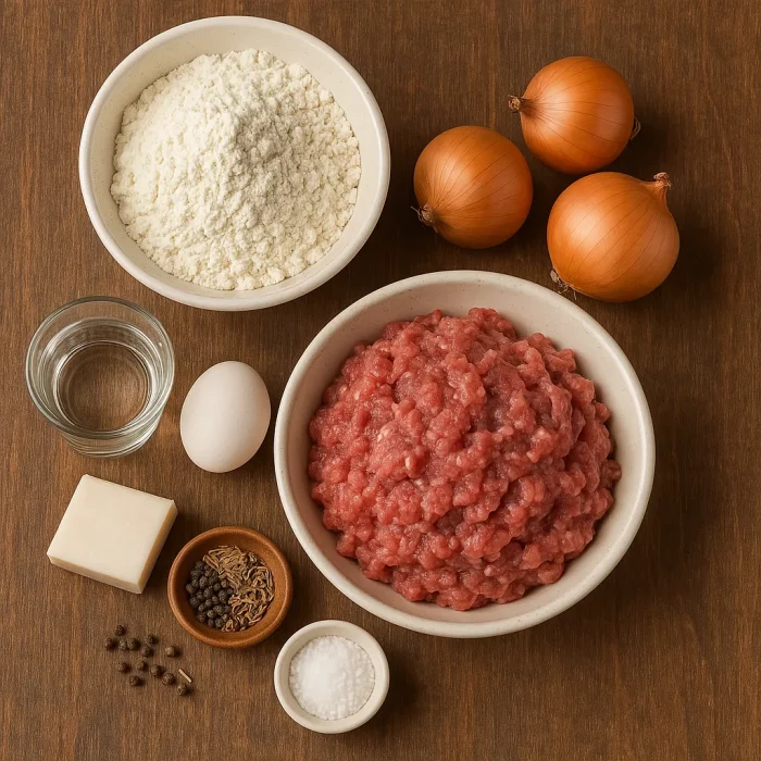 Ингредиенты для приготовления мантов: мясо, мука, лук, яйцо