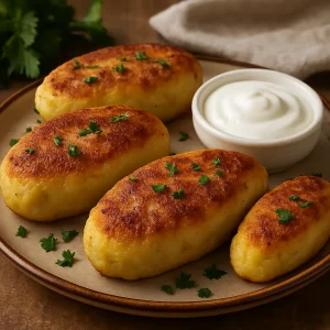 Готовые картофельные зразы с мясом на тарелке
