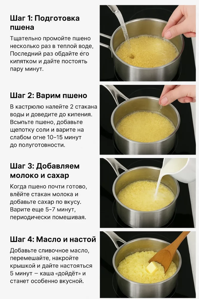 Процесс приготовления пшённой каши — пошаговый коллаж