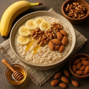 Овсяная каша с бананом, орехами и мёдом в тарелке