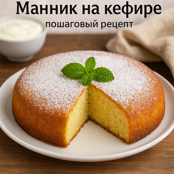 Манник на кефире, украшенный мятой