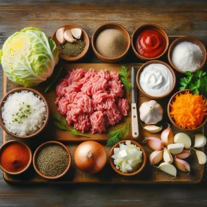 Ингредиенты для ленивых голубцов, аккуратно разложенные на кухонной поверхности