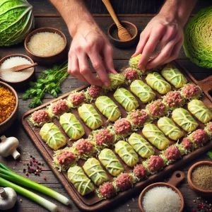 Руки формируют ленивые голубцы из мясной смеси