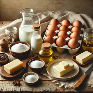 Ингредиенты для омлета – яйца, молоко, соль, перец и масло