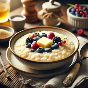 Готовая манная каша с маслом и ягодами