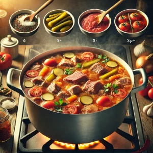 Варка мясной солянки в кастрюле