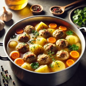 Процесс приготовления супа с фрикадельками в кастрюле