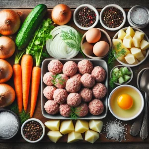 Продукты для приготовления супа с фрикадельками – мясо, овощи и специи
