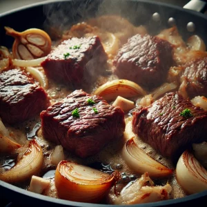 Процесс обжарки мяса с луком и чесноком