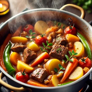Овощное рагу с мясом тушится в кастрюле