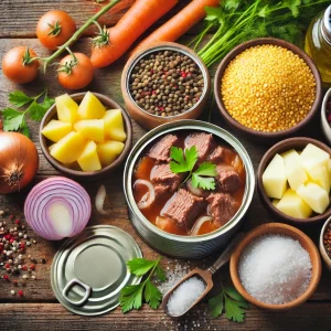 Набор продуктов для кулеша: тушёнка, пшено, картофель, лук, морковь