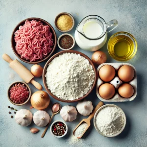 Ингредиенты для чебуреков с мясом: мука, мясо, лук