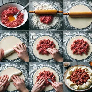 Формирование чебуреков с мясом, лепка и укладка начинки