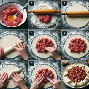 Формирование чебуреков с мясом, лепка и укладка начинки