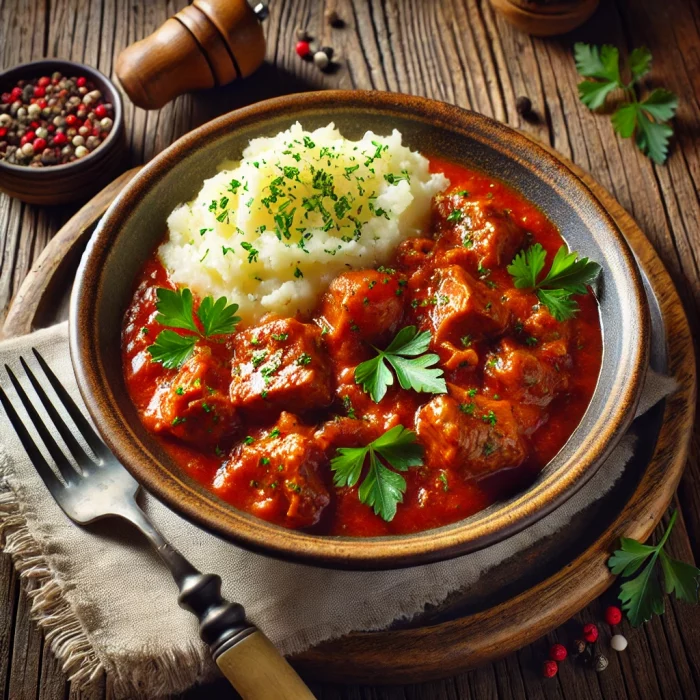 Гуляш из свинины с подливкой, украшенный зеленью