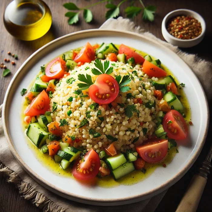 Готовое блюдо с булгуром и овощами.