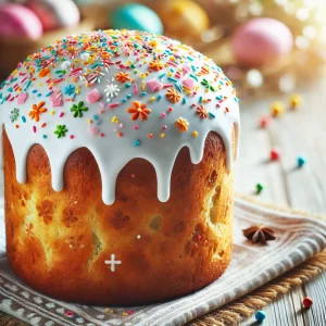 Свежевыпеченный пасхальный кулич с праздничной глазурью.