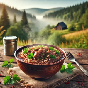 Горячая тарелка гречки с тушёнкой и зеленью, поданная на деревянном столе на природе.