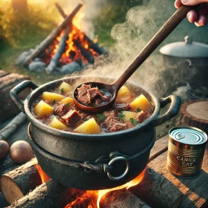Котелок с картошкой и тушёнкой, приготовленный на открытом огне в лесу.