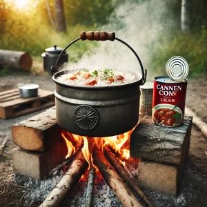 Котелок с рисом, тушёнкой и овощами, приготовленный на открытом огне.