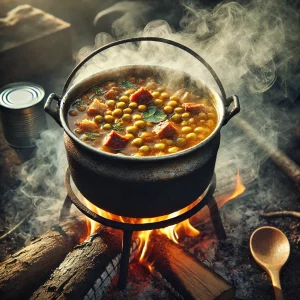 Котелок с гороховым супом и тушёнкой, кипящий на костре.