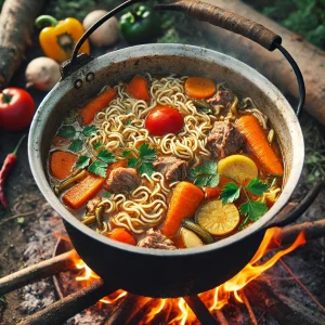Глубокая тарелка лагмана с тушёнкой и овощами, поданная на деревянном столе.
