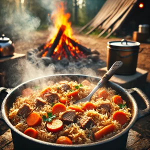Казан с ароматным пловом с тушёнкой, приготовленным на костре.