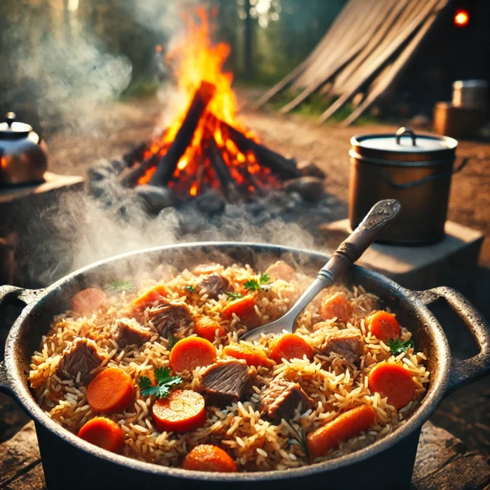 Казан с ароматным пловом с тушёнкой, приготовленным на костре.