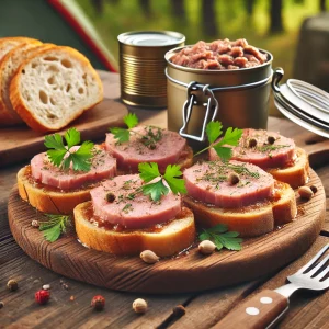 Ломтики хлеба с тушёнкой и свежей зеленью на деревянной доске.
