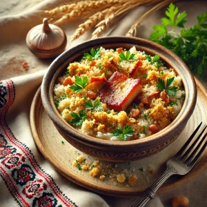 Банош с брынзой и шкварками, красиво поданный в керамической миске
