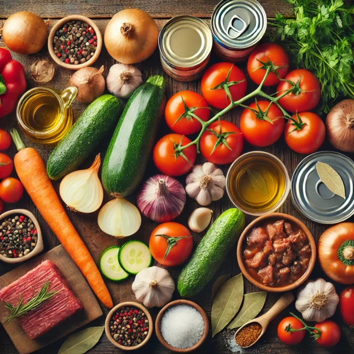 Ингредиенты для овощного рагу с тушёнкой