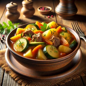 Овощное рагу с тушёнкой в керамической миске