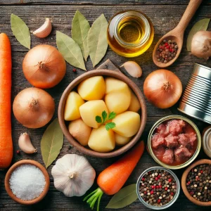 Ингредиенты для приготовления картошки с тушёнкой