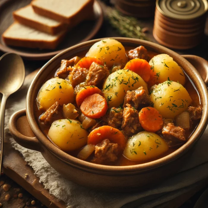 Подача картошки с тушёнкой в керамической миске