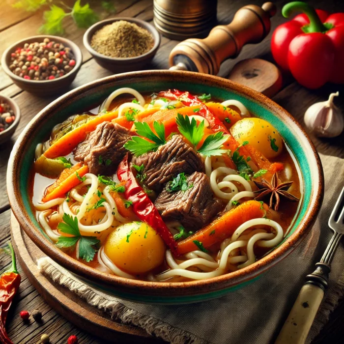 Лагман с мясом, овощами и лапшой в миске