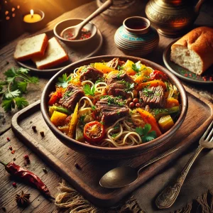 Подача лагмана с мясом, лапшой и овощами